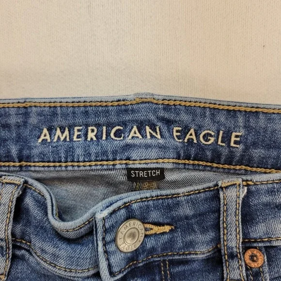 American Eagle Jeans Womens 4 Super High Rise Flare Raw Hem Stretch Ripped Denim - Picture 7 of 11